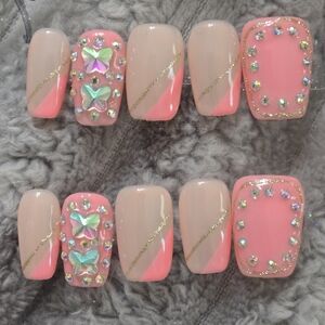 Pink Nude Rhinestone Butterfly Press-On Nails - Women Makeup